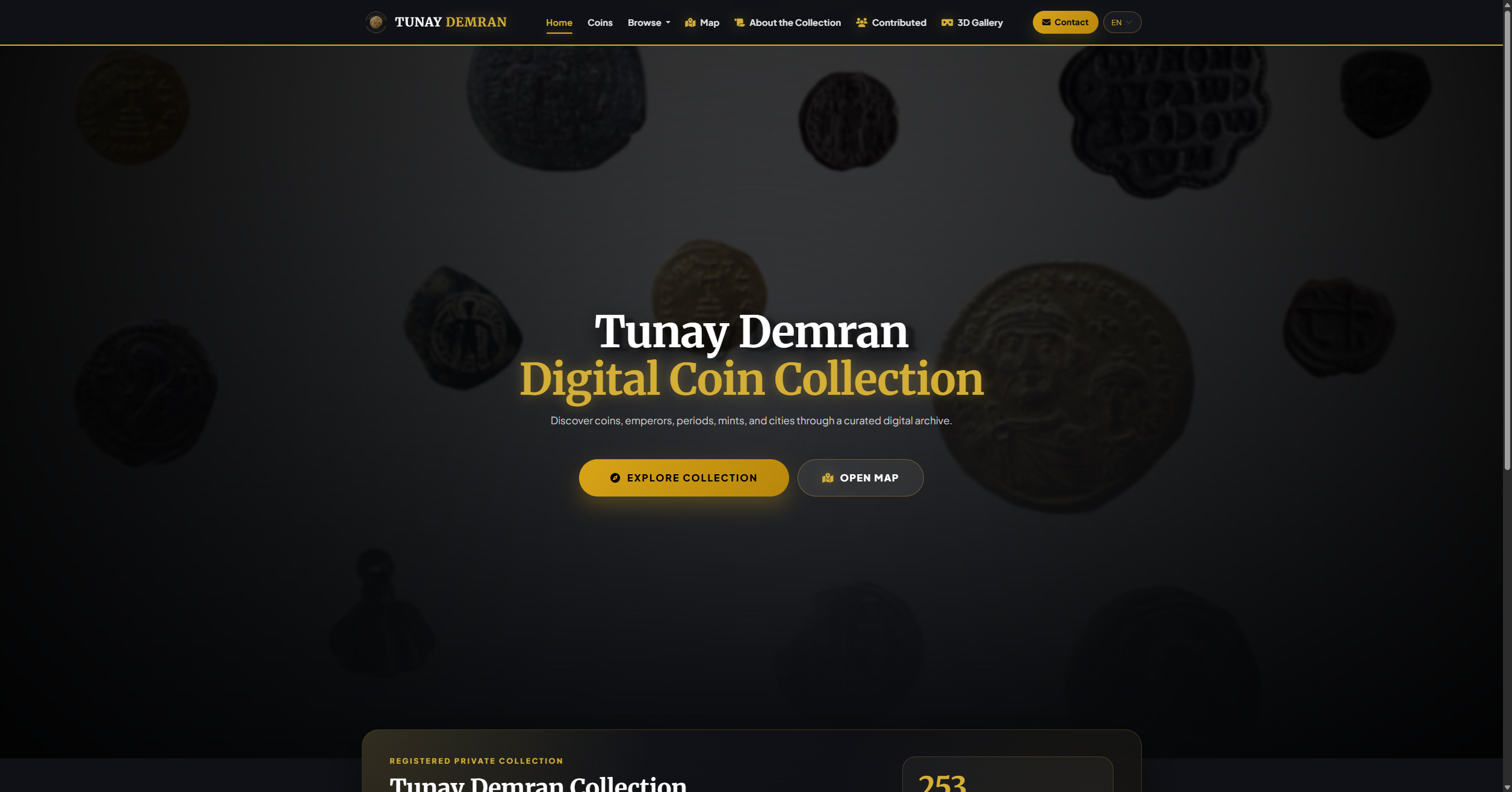 Tunay Demran dijital sikke koleksiyonunun web tabanlı ana sayfa görünümü